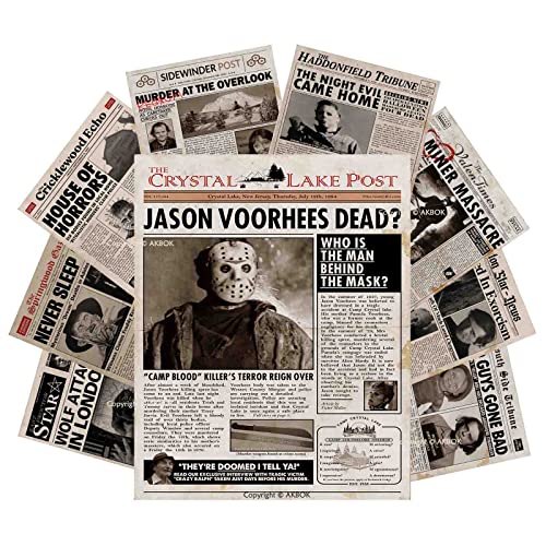 AKBOK Vintage Horror Movie Newspaper Article Poster Classic Scary Movie Character Poster Newspaper Art Prints Home Theater Set for Man Cave Living Room Bedroom 8”X 10” Unframed 9Pcs - Horror Character Newspaper