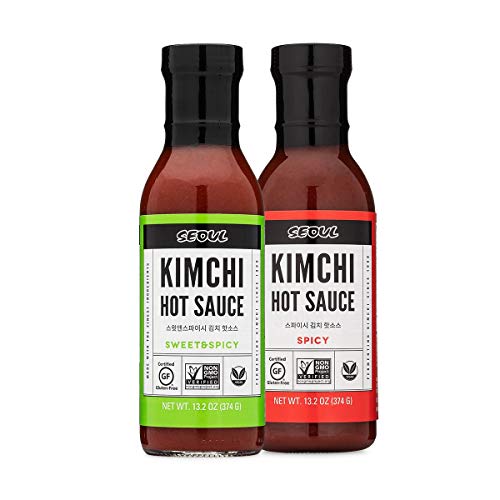 Lucky Foods Seoul Kimchi Hot Sauce, Keto/Gluten Free/Non GMO (Twin Pack, 2 Bottles (1 Spicy, 1 Sweet & Spicy) - Twin Pack, 2 Bottles (1 Spicy, 1 Sweet & Spicy