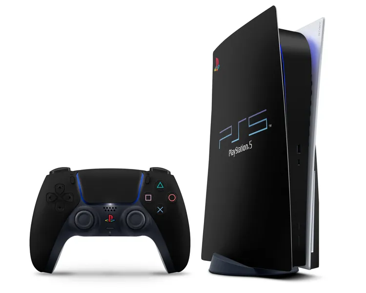 Reimagined Retro Playstation 2 Logo PS5 Skin, PS2 Style 25th Anniversary Edition PS5 Futristic Sleek Black Skin Decal Wrap Sticker, 3M Vinyl