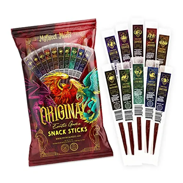 Mythical Meats Original Exotic Flavor Sampler Pack – 10 Exotic Game and Beef Snack Sticks – Dried & Dehydrated Meats Seasoned to Perfection – High Protein Snacks - Original (Assorted)