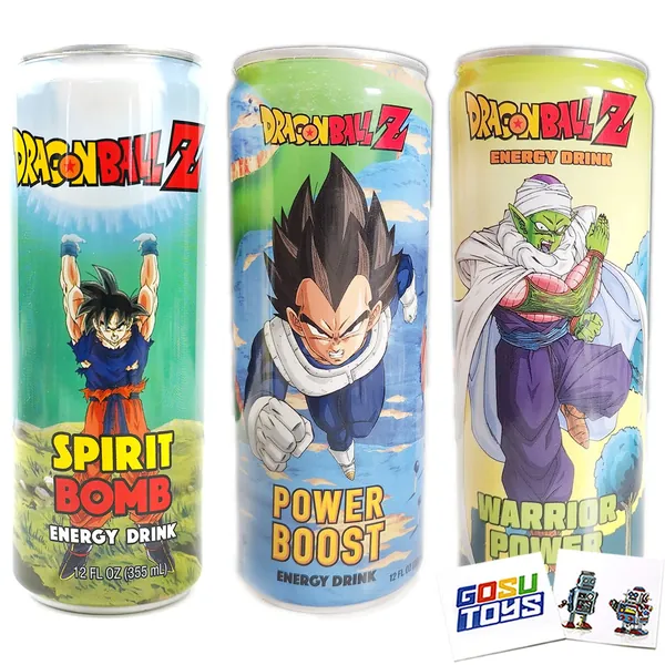 Dragon Ball Z Energy Drinks (3 Pack) Spirit Bomb (Goku), Warrior Power (Piccolo), Power Boost (Vegeta) with 2 Gosutoys Stickers -
