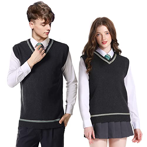 Loiahoer Unisex Sweater Vest Knit Waistcoat Tank Top V-Neck Sleeveless Pullover Cosplay Costume School Uniforms Fall Winter - XX-Large - Dark Grey+green Stripe