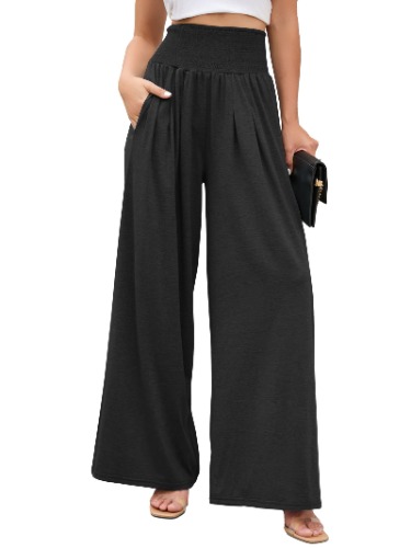 Famulily Womens Wide Leg Trousers Elastic High Waist Cotton Yoga Pants with Pockets Lounge Wear for All Seasons S-XXL - L - Black