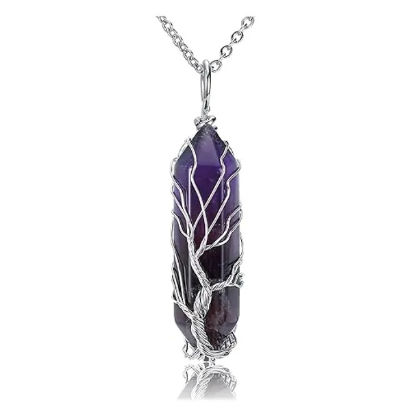 JSDDE Natural Amethyst Crystal Stone Necklace Life Tree Silver Wrapped Quartz Gemstone Pendant Necklaces Jewelry for Women Gift - Amethyst