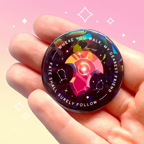 Azem FFXIV inspired sparkly pin back button 45mm badge | Convocation crystal with quote | Holographic | Fantasy aesthetic