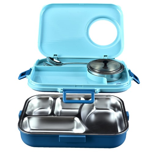 Siotenze Bento Lunch Box, 4 Grid Stainless Steel Space Leak-Proof Insulation with Separate Soup Bowl, Applicable Over 3 Years Old, Suitable for Travellers, Campers, Workers, Students - blue-04