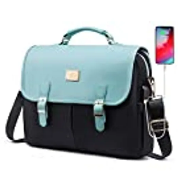 LOVEVOOK Laptop Bag for Women, 15.6 inch Large Capacity Computer Briefcase Case, Crossbody Messenger Bag, Office Business Work Bags Bookbag Purse for Travel College School Gifts, Mint Green-black