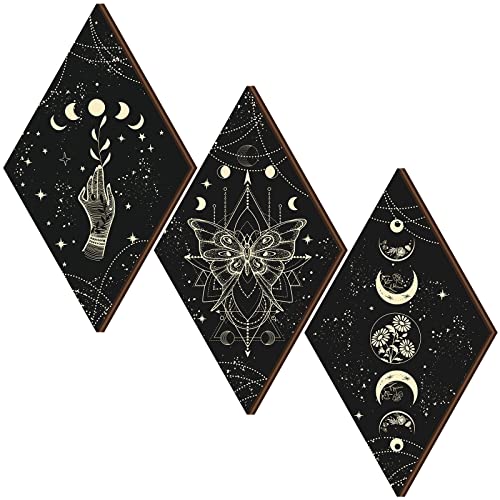 Ferraycle 3 Pcs Rustic Boho Wall Decor Moon Phases Butterfly Wall Art Stars Moon Decor Minimalist Room Decor Wooden Gothic Witchy Wall Pediments Hanging Sign for Home (Black, Gold, 9.5 x 16.1 Inch) - Black, Gold - 9.5 x 16.1 Inch