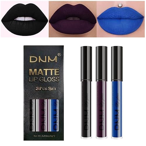 evpct 3Pcs Dark Black Purple Blue Matte Liquid Lipstick