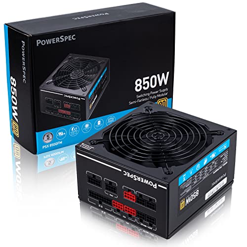 PowerSpec PSX850 GFM-NRGB, 850 Watt, Fully Modular Power Supply, 80+ Gold SLI/CrossFire Ready PSU Japanese Capacitors (Low Noise, Zero RPM Fan Mode, compact size) Black - 80+ Gold-Fully Modular - 850W