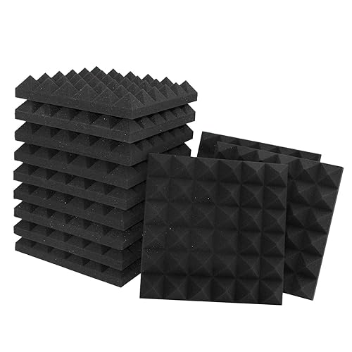 Acoustic Panels - 12 Pack 12x12x2 Inches Black Pyramid Acoustic Foam, Fire-Proofed Soundproof Wall Panels, 25kg/cbm Sound Proof Foam Panels ， Sound Panels for Recording Studio and Music Room - 12 x 12 x 2 Inches - 12 Pack (12 Sq Ft)