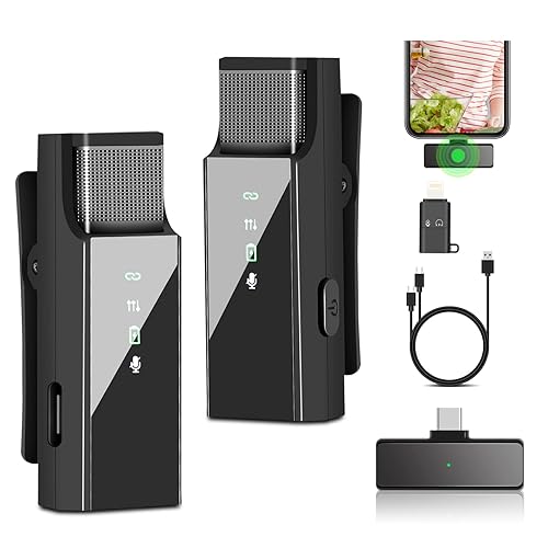 2er Lavalier Mikrofon iPhone/Android/iPad, Plug-Play Lavalier Mikrofon Wireless Ansteckmikrofon Kabellos Mini Mikrofon Handy Microphone mit Rauschunterdrückung, für Podcast, Streaming, YouTube, Vlog - gray
