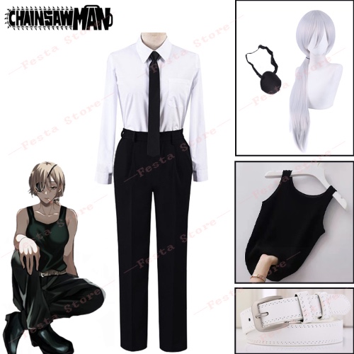 Disfraz de Anime de motosierra para hombre, traje de Cosplay de QUANXI, peluca blanca con los ojos vendados, chaleco, pantalones, cinturón, el primer cazador de Diablo, accesorios de camisa - AliExpress 