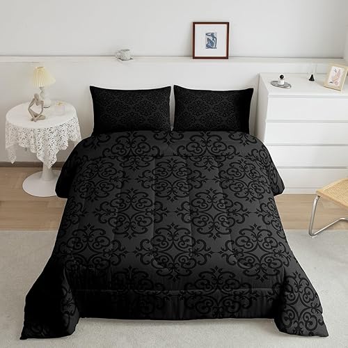 Feelyou Adults Gothic Comforter Set Queen Size, Antique Victorian Bedding Set Goth Vintage Floral Comforter Men Women Black Damask Teens Duvet Set Bedroom Decor Bed Set 3Pcs - Multi B21 - Queen