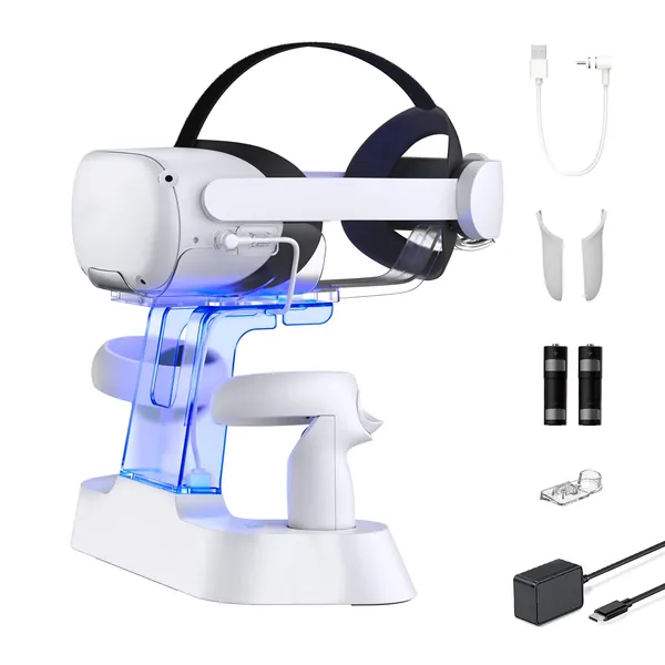 NexiGo Enhanced Charging Dock with LED Light [On/Off] for Oculus Quest 2, [Support Elite Strap with Battery], Headset Display Holder and Controller Mount, 2 Rechargeable Batteries, USB-C Charger - 