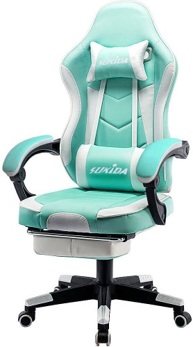 SUKIDA Gaming Chair with Footrest Office Chair Computer Chair with Massage Lumbar Pillow Ergonomic Chair with Armrest Recliner Chair High Back Height Adjustable SK06 (Green) - green