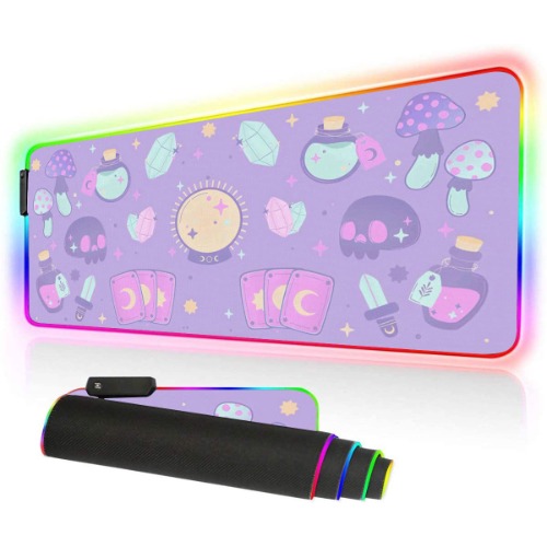 Pastel Purple Goth Tarot Crystals Witches LED Gaming Mouse Pad, Wicca Witchy Desk Mat, Moon and Sun Extra Large Mouse pad for Desk, Gamer Mouse pad, Laptop Mat, Gaming Computer Accessories Decor - Purple