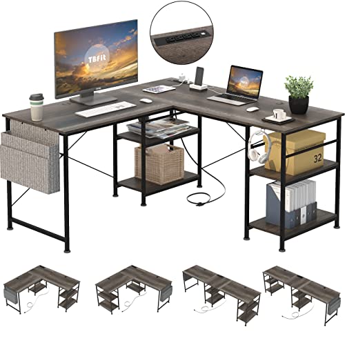 Tbfit L Shaped Desk with Storage Shelves, Reversible Coner Desk Office Desk,Large Computer Gaming Desk Workstation with Power Outlet,2 Person Long Writing Study Table(Misty Gray) - 1PC - Misty Grey