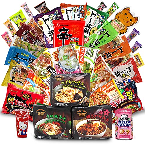 INFINTEESHOP Asian Instant Ramen Variety Pack, Nong Shin, Samyang, Mama, Acecook, Bo De ( 10 Pack) with Free Snacks Included 