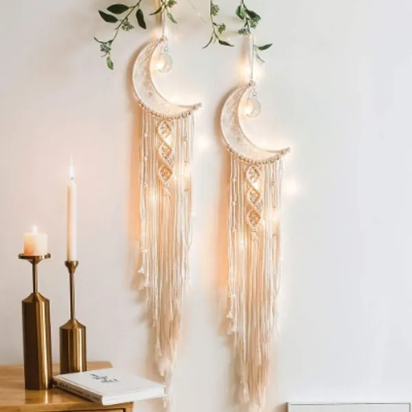 zhengshizuo Moon Dream Catcher Girl Room Decor Set of 2 with Lights Macrame Wall Hanging Dream Catcher Girl Wall Decor with Light Boho Tapestry Rope Art Room Decoration