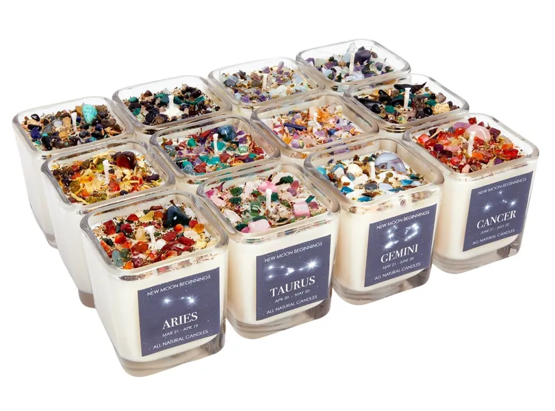 Zodiac Candles with Crystals and Herbs - Zodiac Sign Candles - Crystal Candles - 12 Zodiac Scents & 6 Sizes Available - Zodiac Candle - Soy