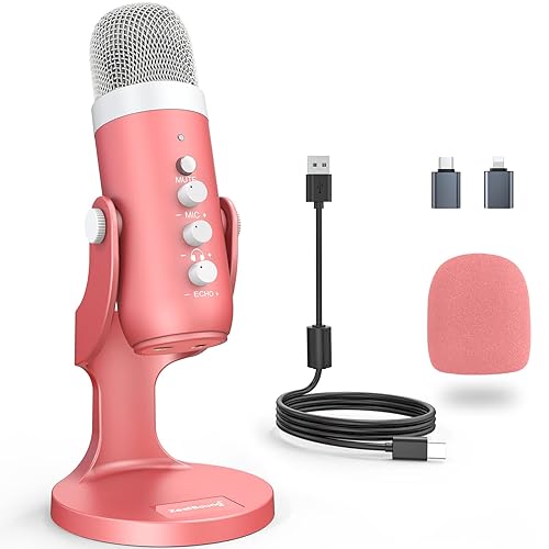 ZealSound Gaming USB Pink Microphone with Quick Mute for Phone Computer PC PS5,Studio Mic with Gain Control,Echo&Monitor Volume Adjust for Streaming Vocal Recording ASMR Podcast Video K66