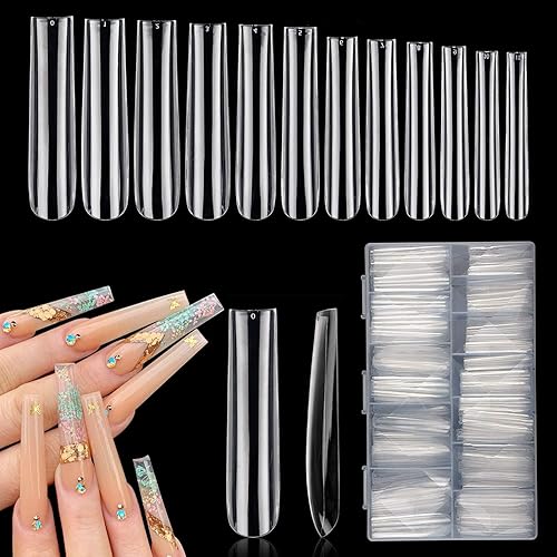 LIONVISON 3XL Clear Full Cover Square Nail Tips for Acrylic Nails Professional, 504PCS Extra Long Tapered Square Straight Nails Tips, 12 Sizes Press On Gel False Nail Tips for Nail Salons Home DIY - 504pcs with box