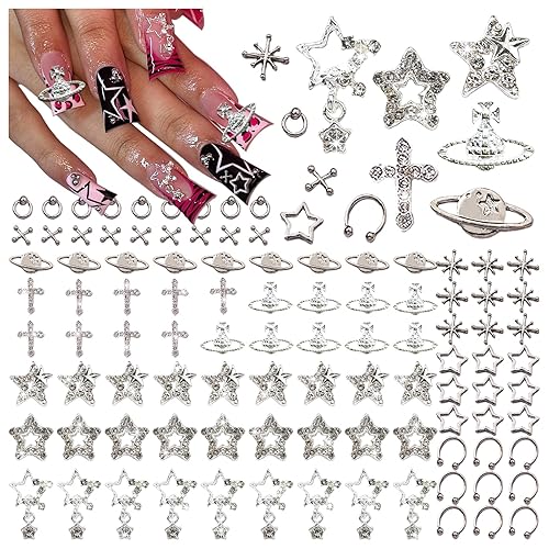 BBATT-HAPPY 110PCS Star Nail Charms for Acrylic Nails,Silver Star Planet Cross Alloy Nail Art Decoration, Nail Stones Nail Jewels Accessories for Nail Art Supplies Manicure Craft DIY - 110PCS Star Nail Charms