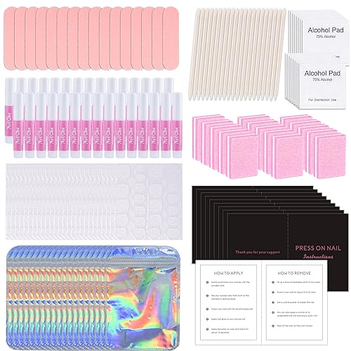 50 Set Press On Nail Tool Prep Kit for Nail Salon Business, Disposable Manicure Kit with Nail File, Buffer, Nail Glue, Prep Pad, Instruction Card, Adhesive Nail Tabs, Wood Stick, Holographic Bag (A) - A