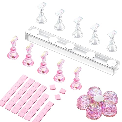 Makartt Nail Stand for Press On Nails Display Practice Art Magnetic Fake Nail Holder for Painting Nails Stand for False Nail Designs with Reusable Putty for Home DIY Beginner Salon Supplies - Clear+Pink