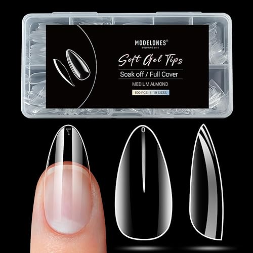 Modelones Medium Almond Nail Tips 500Pcs Clear False Acrylic Almond Press on Nails Pre-shape Full Cover Nail Tips Nail Extension DIY at Home 10 Sizes - A2-Medium Almond-Clear