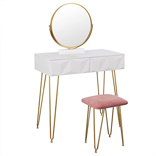 EUGAD Juego Mesa de Tocador con Taburete Acolchado de Terciopel y Espejo Giratorio 360 ° Tocador Moderno Escritorio con Espejo Mesa de Maquillaje con 3 Cajones Madera+Metal, Blanco+Oro 0042SZT - Sans Miroir LED - 80x40cm