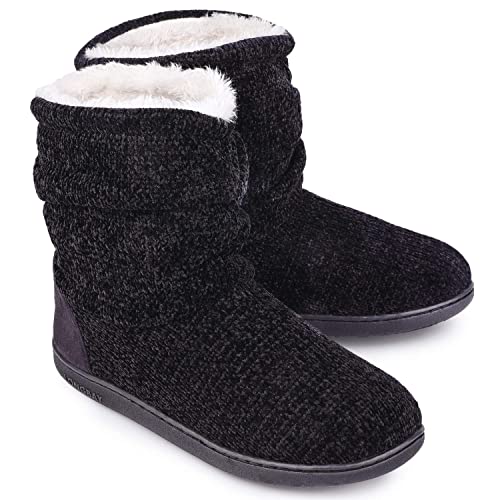 LongBay Women's Chenille Knit Bootie Slippers Cute Warm Plush Fleece Memory Foam House Shoes - 9-10 - Black