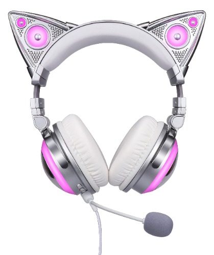Axent Wear New Edition Wireless Cat Ear Headphones (12 Color Changing) with Speakers and 3.5mm Jack, Type-C Charging, Bluetooth and Wired Connection (White-Pink) - White-Pink
