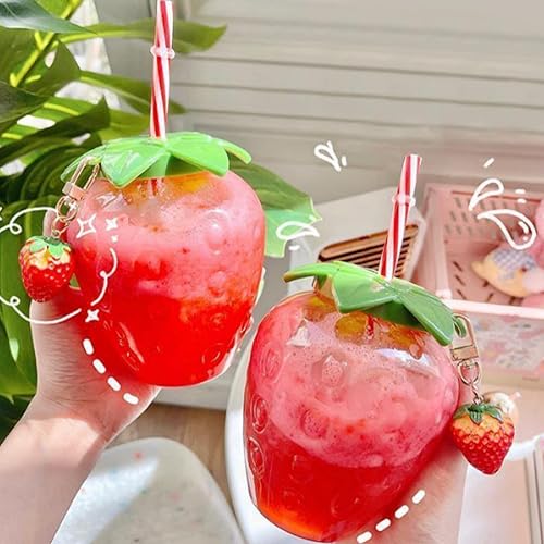 DULRLLY 2Pcs 17 Oz Strawberry Cups with Straw and Strawberry Pendant Kawaii Cup with Lid Portable Cute Water Bottle Mug for Gift Home Office School for Boba Tea - 2 Count (Pack of 1)