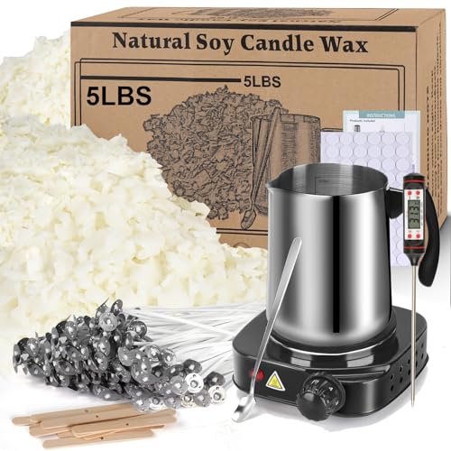 Soy Wax Candle Making Kit Supplies, DIY Art&Crafts Kit for Adults,Beginner,Kids, Including 5lbs Soy Wax Flakes, 100 Candle Wick, 10 Centering Devices, Melting Pot (with Hot Plate) - 5lbs