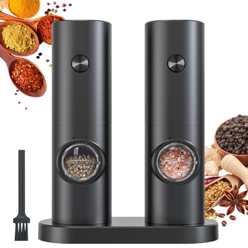 SOJOYFUL Electric Salt and Pepper Grinder Set with Storage Base, Battery Salt and Pepper Mills with Adjustable Coarseness Ceramic Grinding Mechanisms and LED Light (Pack of 2) - Black Battery