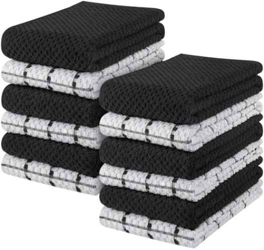 Utopia Towels - Kitchen Towels, 12-Pack - 15 x 25 Inches, Dobby Weave Kitchen Towels - 100% Ring Spun Cotton Super Soft and Absorbent Dish Towels, Tea Towels and Bar Towels (Black) - Black