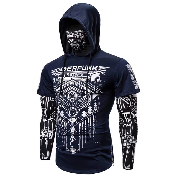 Mens Hoodie Sweatshirt Cosplay Fake Two Pieces Hooded Pullover Sports Riding With Mask