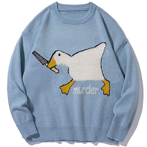 Vamtac Mens Vintage Oversize Cute Murder Goose Graphic Knite Sweater Long Sleeve Round Neck Knitted Unisex Pullover Jumper - #Blue157 - Medium