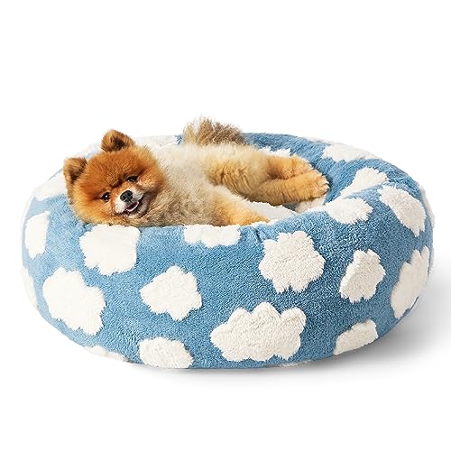 Lesure Donut Small Dog Bed - Round Cat Beds for Indoor Cats Calming Pet Beds, Cute Modern Beds with Jacquard Shaggy Plush & Anti Slip Bottom, 23 Inch, Blue