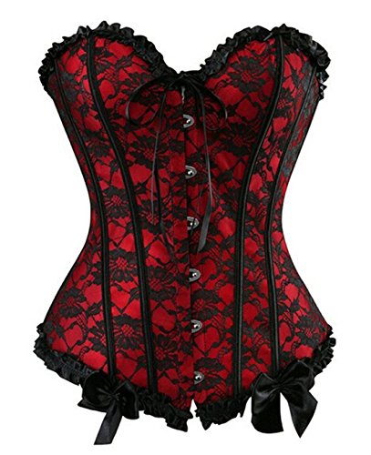Zhitunemi Womens Floral Black Lace Trim Corset Overbust Waist Cincher Bustier Top - Medium - Red