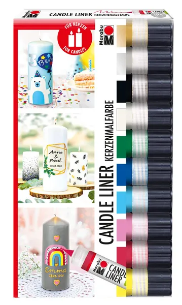 Marabu 1805000009882 - Candle Liner Set, 10 Kerzenpens á 25 ml, cremig, weiche Wachsmalfarbe, auf Wasserbasis, lichtecht, geruchsneutral, wetterfest, kinderleichte Kerzendeko