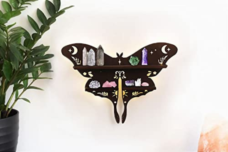 Wall Shelves Cute Moon Shelves Moth Design Butterfly Wall Shelf Bedroom Wall Decor Lamp Unique and Vintage, Natural Wood with Led Light, Modern Decor for Living Room Bedroom Girls Room