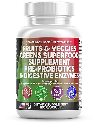 Clean Nutraceuticals Fruits and Veggies Supplement Reds & Green Superfood - Balance of Over 70 Fruit & Vegetable Supplements Capsules with Probiotics Prebiotics Digestive Enzymes - 120 Ct USA - 1