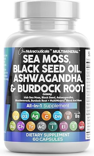 Clean Nutraceuticals Sea Moss Black Seed Oil Ashwagandha Turmeric Bladderwrack Burdock & Vitamin C Vitamin D3 with Elderberry Manuka Dandelion Yellow Dock Iodine Chlorophyll ACV