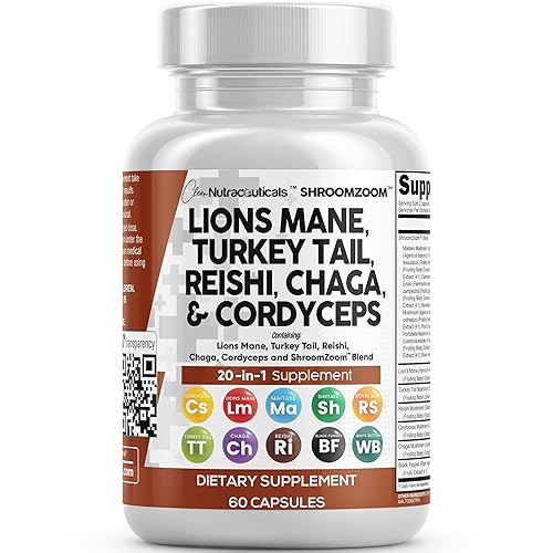 Clean Nutraceuticals Lions Mane 20in1 Mushroom Supplement with Turkey Tail Reishi Cordyceps Chaga Maitake Meshima Poria Cocos Shiitake Oyster Porcini Enoki - Pack - 1