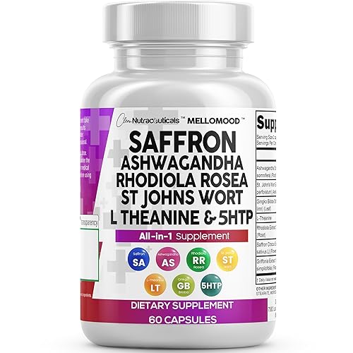 Clean Nutraceuticals Saffron Supplements with Ashwagandha - Mood Support with L-Theanine, Ginkgo Biloba, St. John's Wort, Rhodiola Rosea & 5-HTP - Saffron Pills
