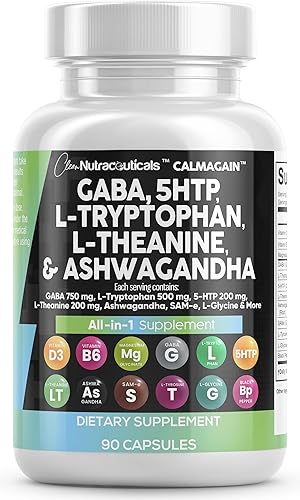 Clean Nutraceuticals GABA 750mg 5 HTP 200mg L Tryptophan 500mg L Theanine 200mg Ashwagandha SAM-e L-Glycine - Mood Support Vitamins for Women and Men with L-Tyrosine - Count