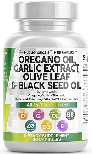 Clean Nutraceuticals Oregano Oil Garlic Extract Olive Leaf Black Seed Oil - Immune Support & Digestive Health Supplement for Women and Men with Vitamin D3 & Zinc - 1Pack - 1